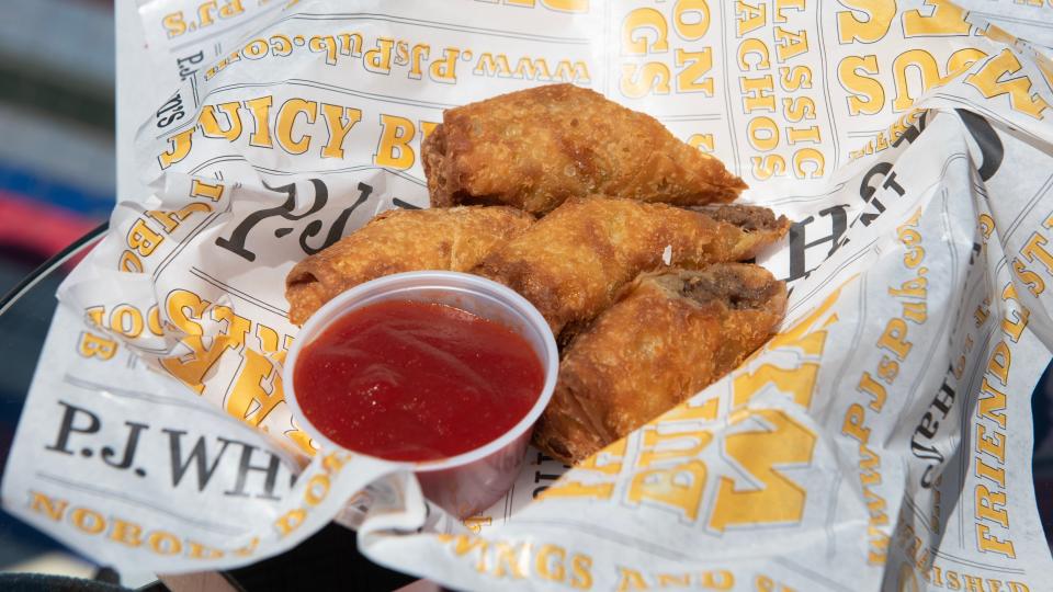 Cheesesteak Egg Rolls from PJ Whelihan's are displayed during an event to highlight what is new for the 2023 Philadelphia Phillies season at Citizens Bank Park in Philadelphia on Monday, April 3, 2023.