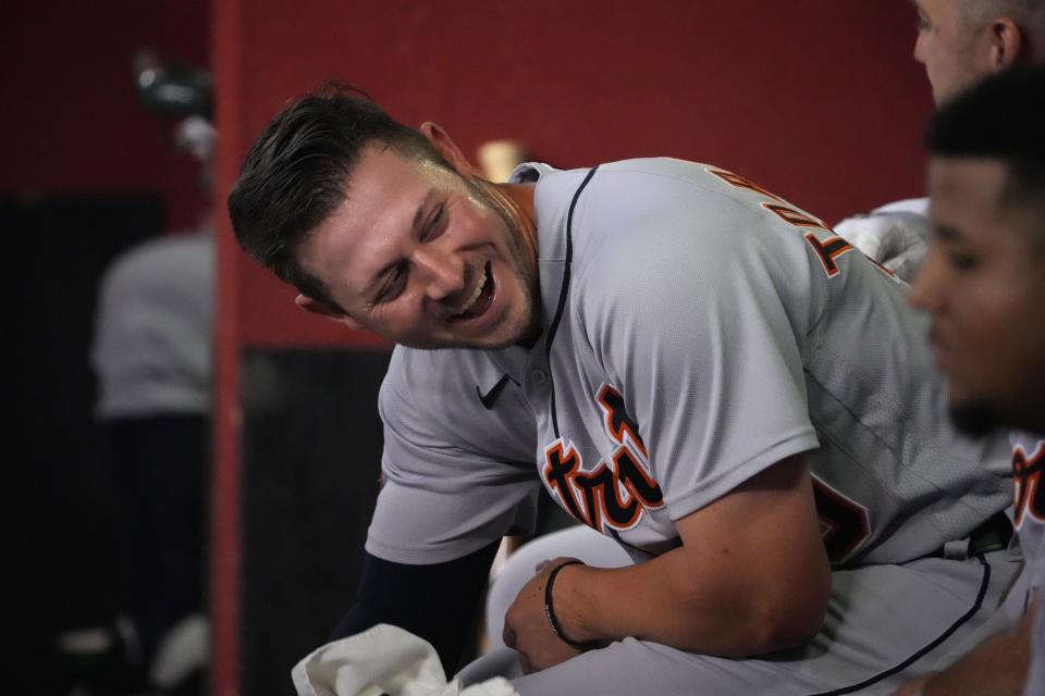Jun 24, 2022; Phoenix, Arizona, USA; Detroit Tigers first baseman Spencer Torkelson (20) reacts in the dugout against the Arizona Diamondbacks during the second inning at Chase Field.