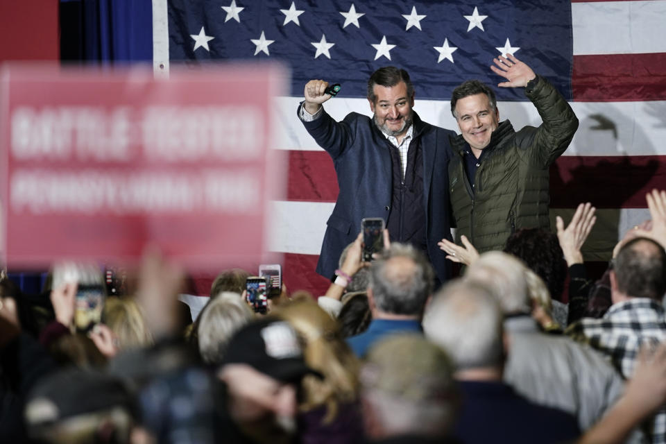 Dave McCormick, a Republican candidate for U.S. Senate in Pennsylvania, right, is joined by U.S. Sen. Ted Cruz, R-Texas, during a campaign event in Coplay, Pa., Tuesday, Jan. 25, 2022. (AP Photo/Matt Rourke)