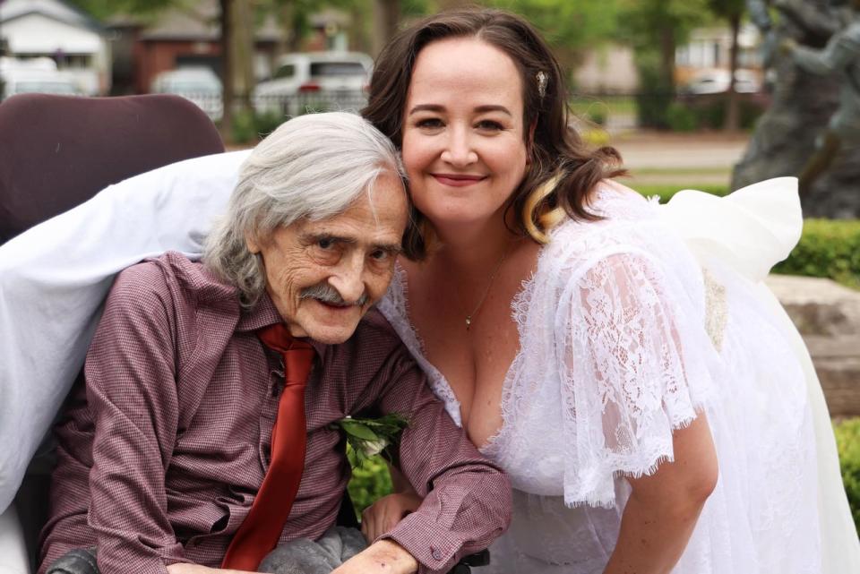 Britt Leroux (right) with her father, Andre Leroux (left) at Hotel Dieu Grace Healthcare during Britt's wedding in May 2023.