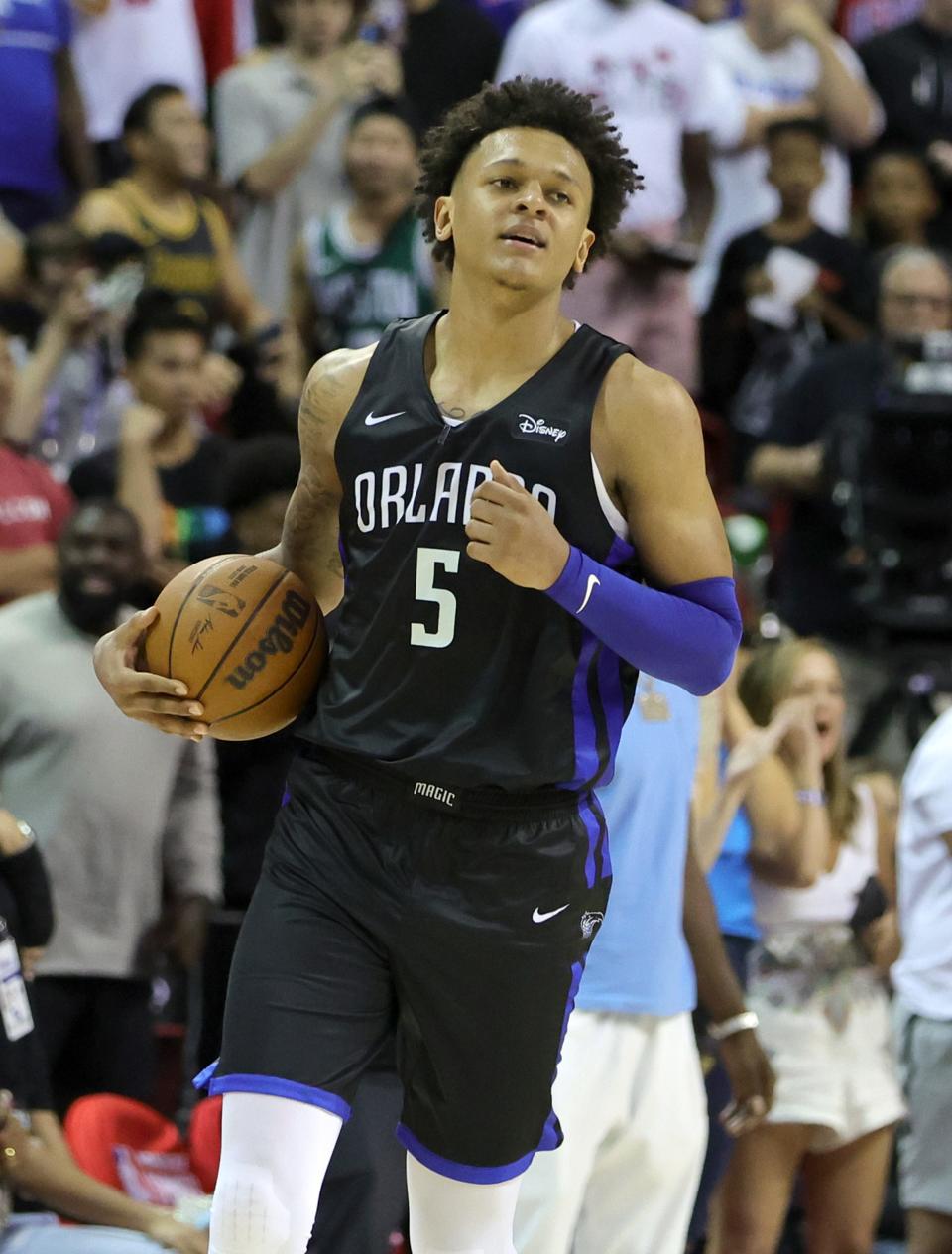 Paolo Banchero reacts after being called for a foul after blocking an alley-oop dunk attempt by Neemias Queta  of the Sacramento Kings on July 9.