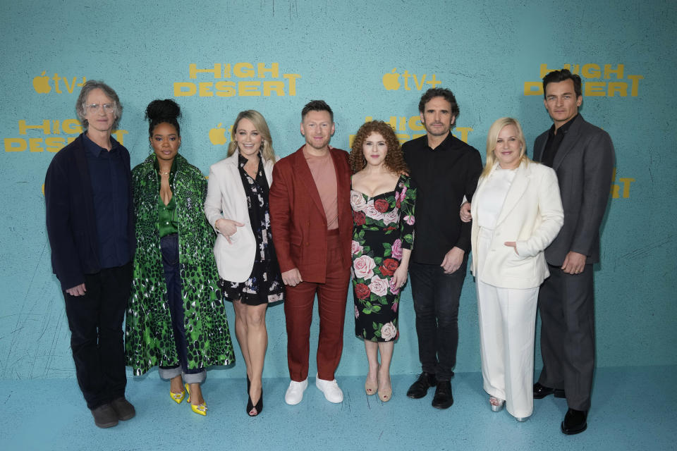 FILE - Jay Roach, from left, Weruche Opia, Christine Taylor, Keir O'Donnell, Bernadette Peters, Matt Dillon, Patricia Arquette and Rupert Friend from the Apple TV+ series "High Desert" pose during a photo call in New York on May 3, 2023. (Photo by Charles Sykes/Invision/AP, File)