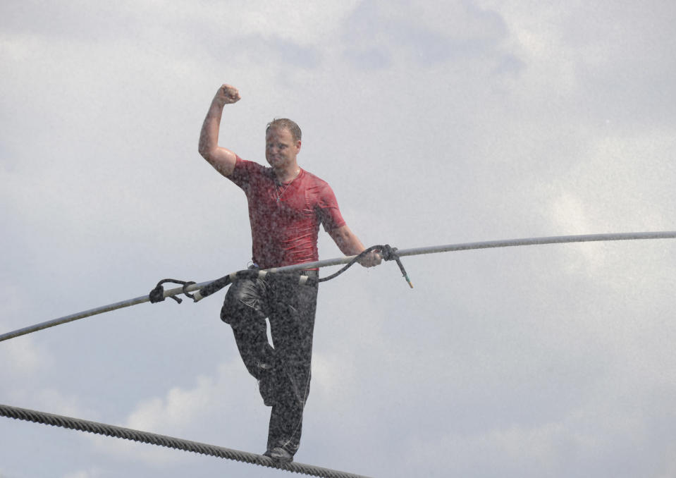 Wallenda trains in conditions meant to simulate those of Niagara Falls. “I’m placing myself over the Falls as I do this stuff,” he said. “I’m picturing the sound, I’m picturing the mist, I’m picturing looking down 200 feet into the water.”