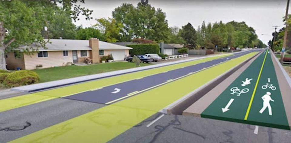 A rendering provided by Pasco city government shows a new turn lane and combination bicycle-pedestrian pathway along Sylvester Street west of U.S. 395. The Sylvester Street safety improvements project is estimated to cost nearly $5 million.