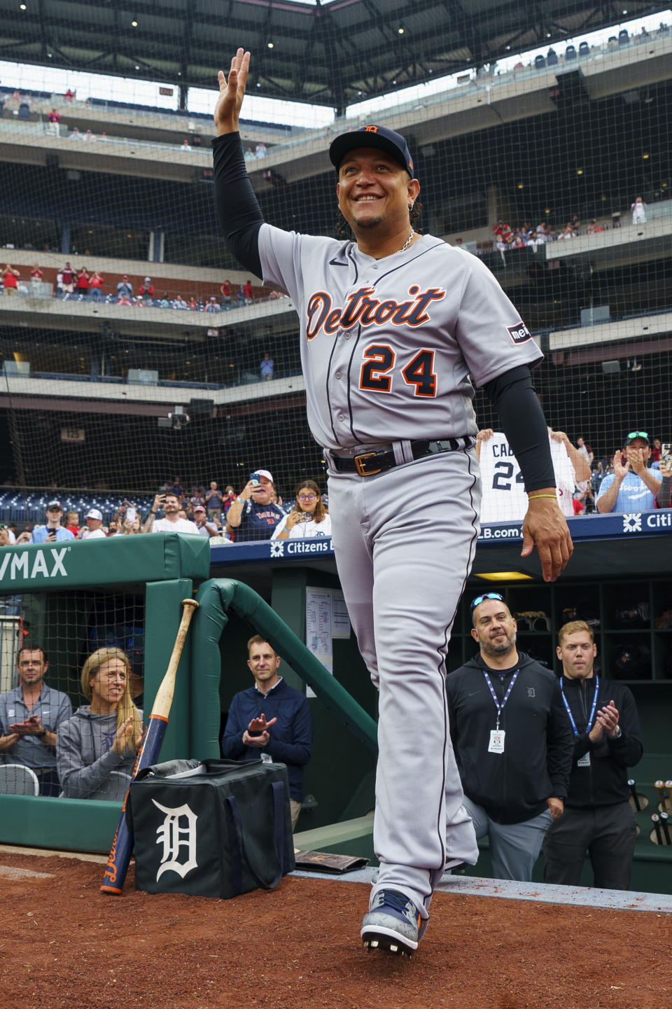 Detroit Tigers' Miguel Cabrera waves as he is honored before the team's baseball game against the Philadelphia Phillies, Thursday, June 8, 2023, in Philadelphia. Cabrera plans to retire after the season. (AP Photo/Chris Szagola)