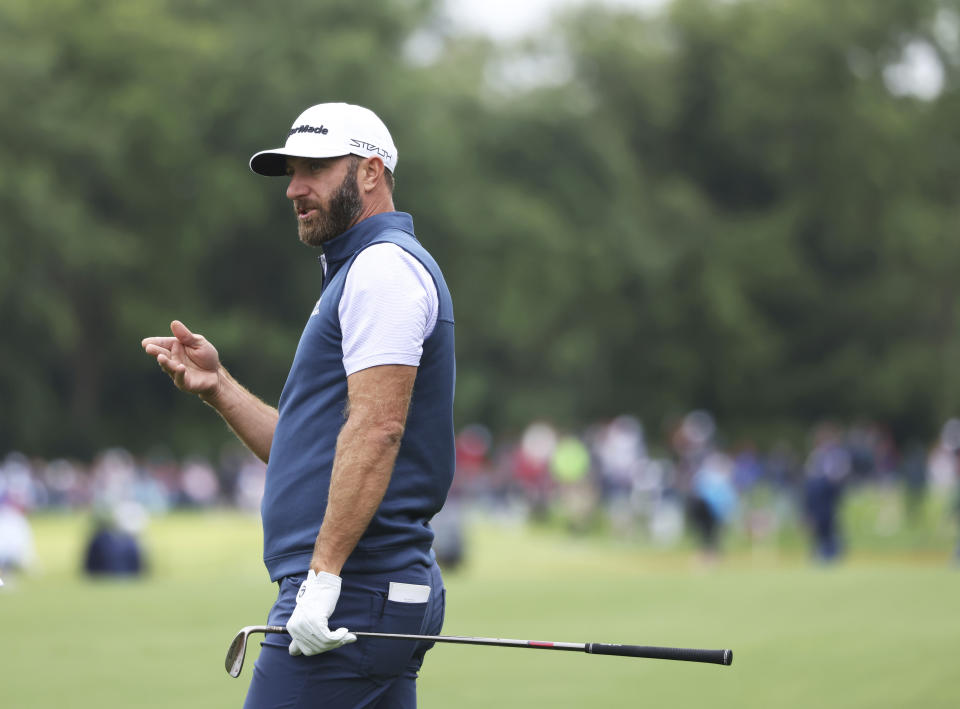 U.S golfer Dustin Johnson after playing his second shot on the 4th hole during the JP McManus Pro-Am at Adare Manor, in Limerick, Ireland, Monday, July, 4, 2022. (AP Photo/Peter Morrison)