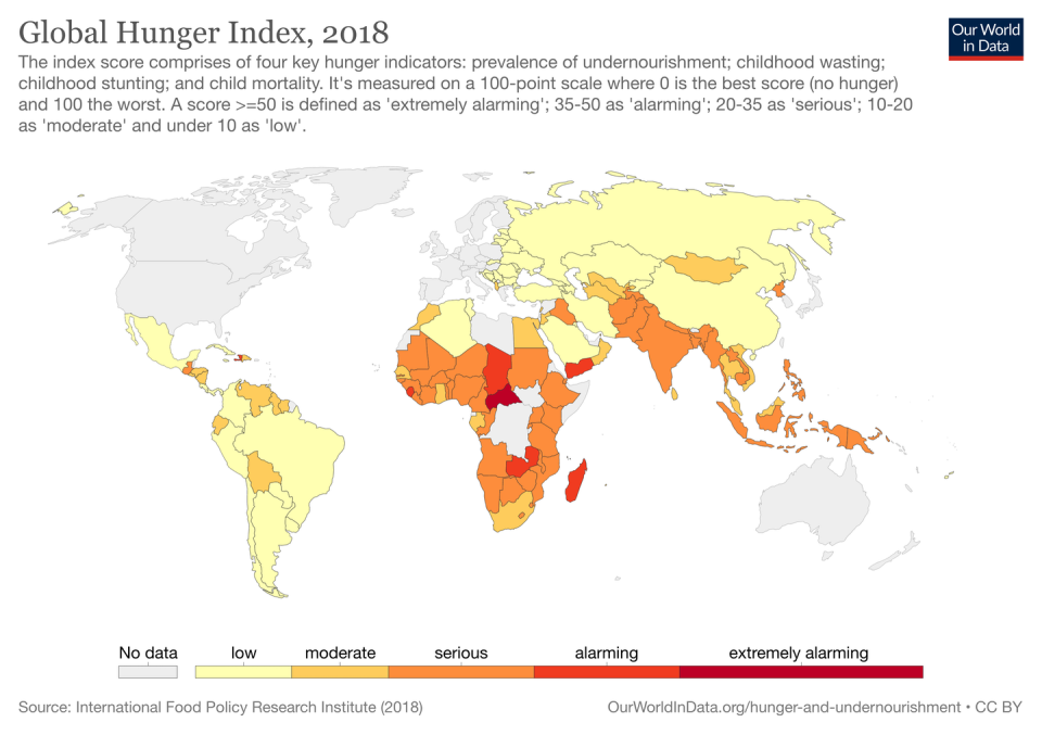 World map showing countries with highest rates of undernourishment and child wasting, stunting and mortality.