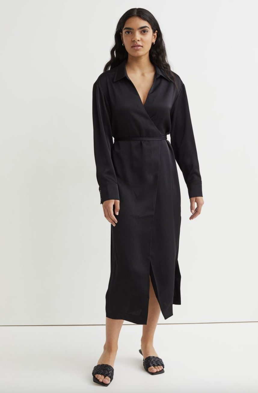 model in long sleeve silk H&M Wrap-Front Dress in Black (Photo via H&M)