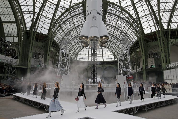 Chanel transformed the Grand Palais in Paris into a space station complete with a rocket ship for its Paris Fashion Week show. (Photo: AP Images)