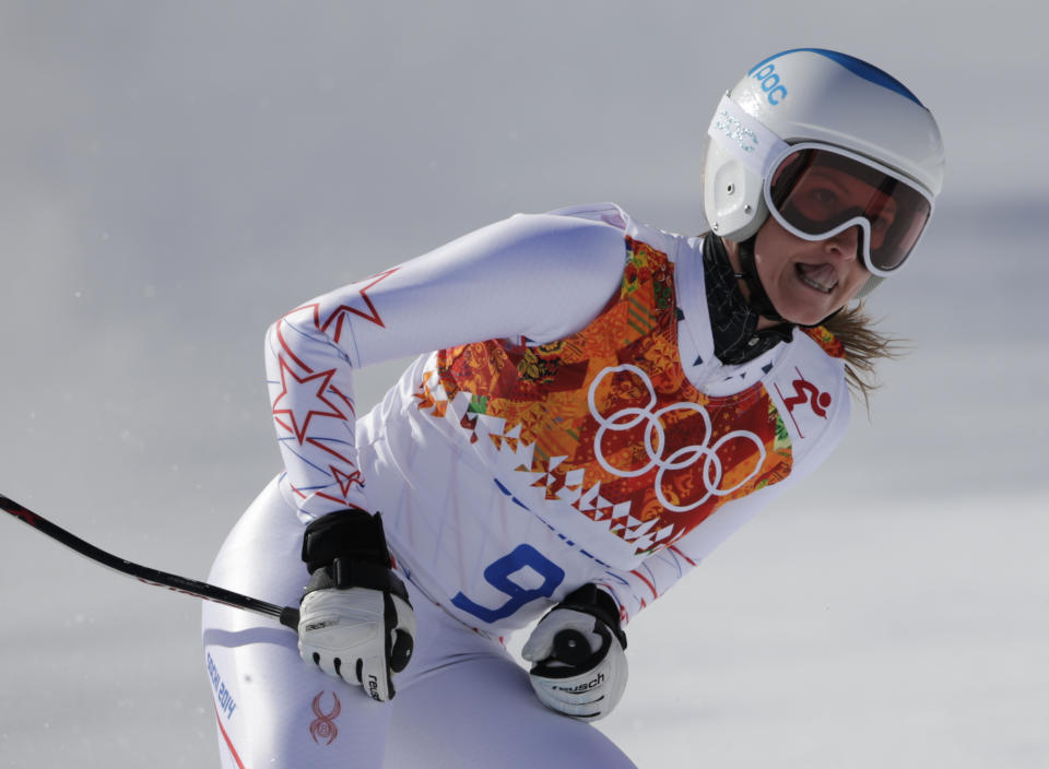 United States' Julia Mancuso arrives in the finish area during a women's downhill training run at the Sochi 2014 Winter Olympics, Thursday, Feb. 6, 2014, in Krasnaya Polyana, Russia.(AP Photo/Gero Breloer)