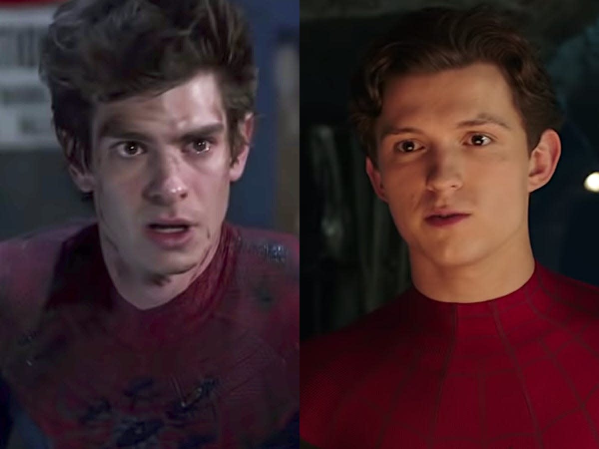 On the left: Andrew Garfield in "The Amazing Spider-Man 2." On the right: Tom Holland in "Spider-Man: Far From Home."