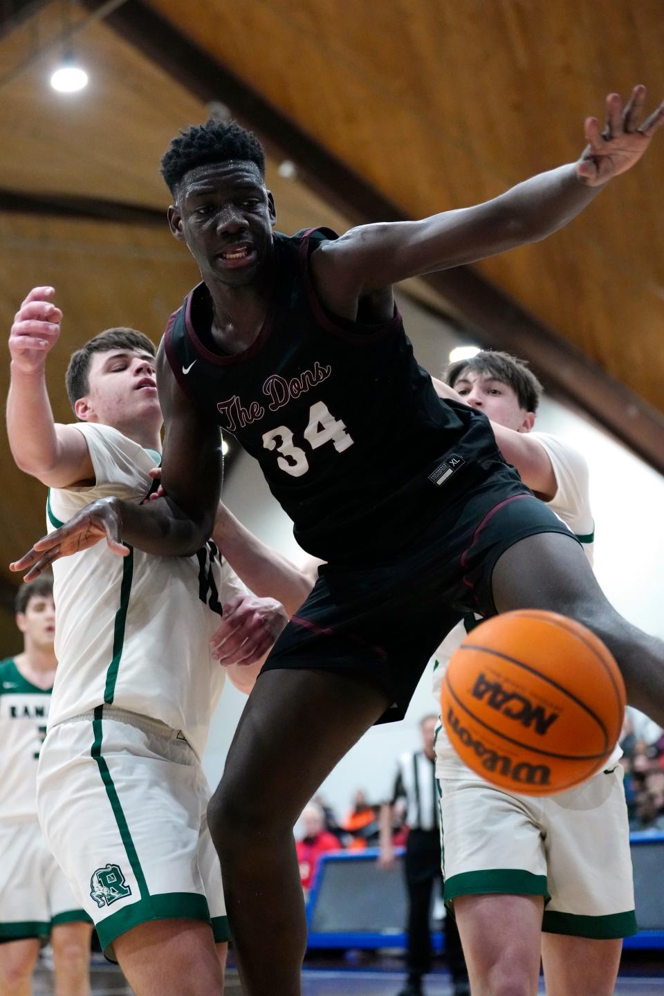 Keiner Asprilla, of Don Bosco Prep, keeps his eye on the ball in front of Ramapo, during the Bergen County Jamboree, Sunday, February 18, 2024, in Hackensack.