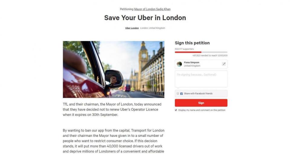 Record-breaking: 500k people have signed the app calling on TfL not to strip Uber of its licence