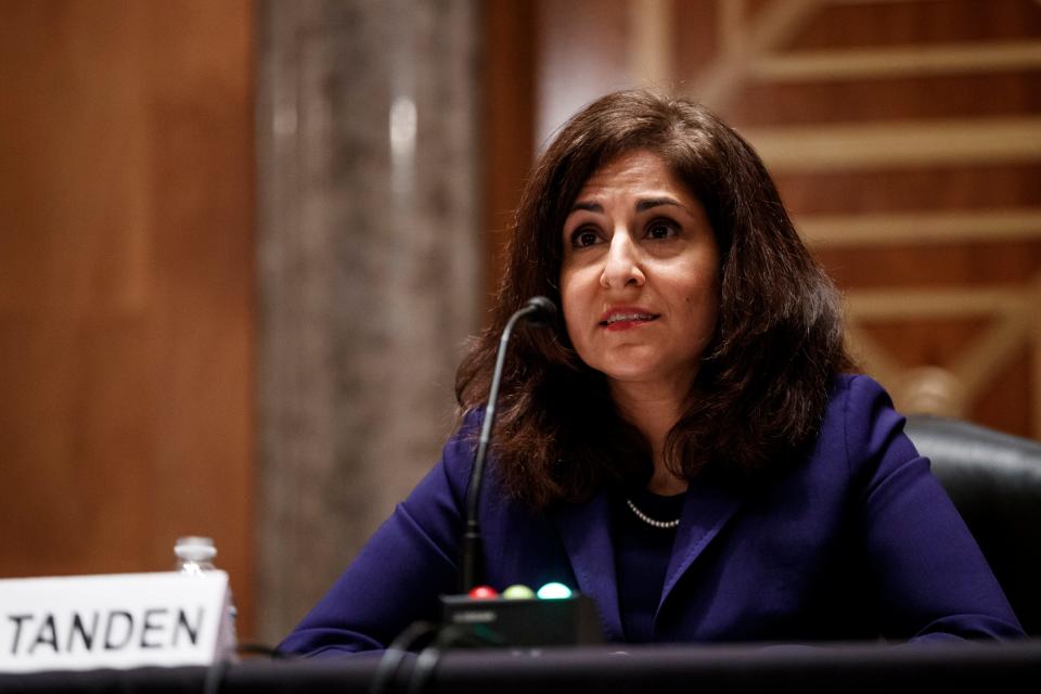 Neera Tanden, nominee for director of the Office and Management and Budget,  speaks during a Senate Homeland Security and Governmental Affairs Committee confirmation hearing on February 9, 2021 in Washington, DC.