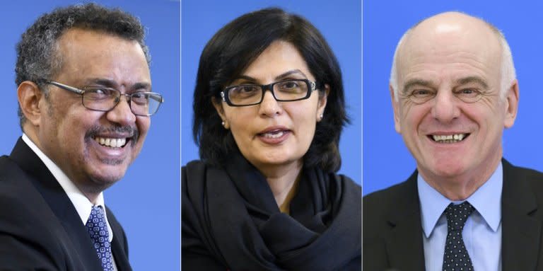 The three candidates for director-general of the World Health Organization (from L) former Ethiopian foreign minister Tedros Adhanom, Pakistani cardiologist Sania Nishtar and British doctor David Nabarro