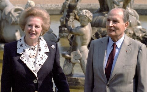 Prime Minister Margaret Thatcher and French President Francois Mitterrand - Credit: Tony Harris/PA 