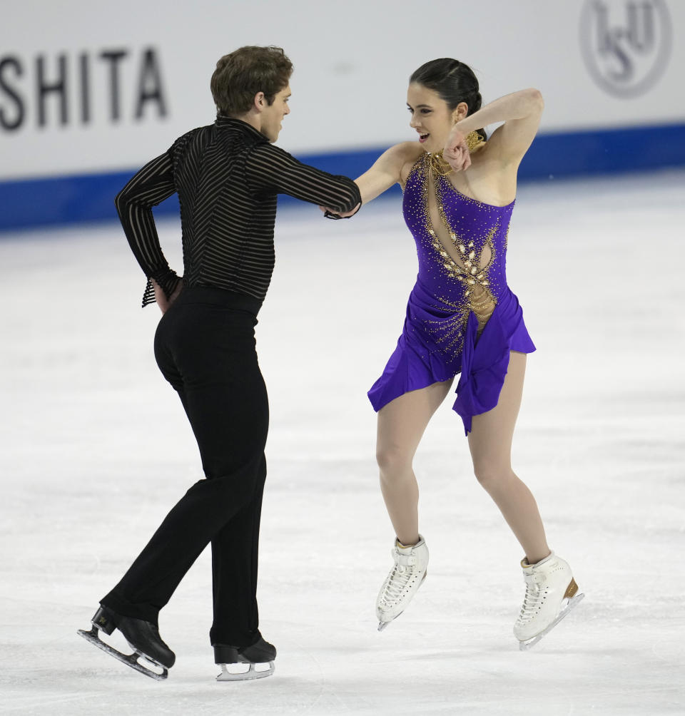 Caroline Green and Michael Parsons of the United States perform in the ice dance rhythm dance program at the Four Continents Figure Skating Championships on Friday, Feb. 10, 2023, in Colorado Springs, Colo. (AP Photo/David Zalubowski)