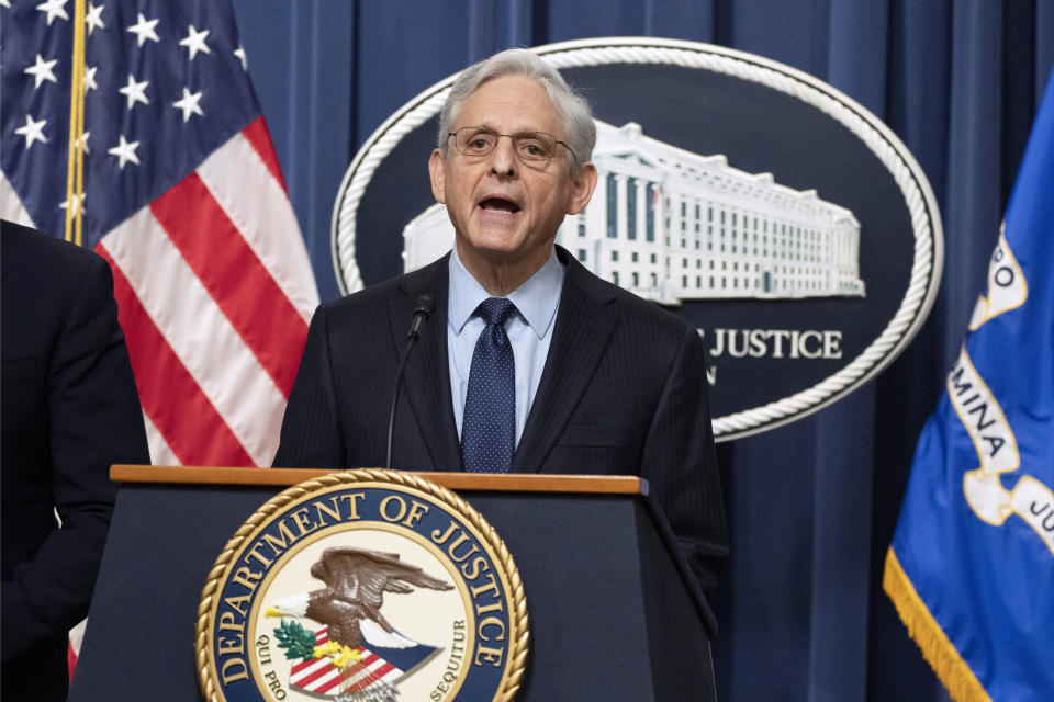 Attorney General Merrick Garland speaks during a news conference at the Department of Justice, Thursday, Jan. 12, 2023, in Washington. Garland has appointed a special counsel to investigate the presence of documents with classified markings found at President Joe Biden’s home in Wilmington, Delaware, and at an office in Washington. (AP Photo/Manuel Balce Ceneta)