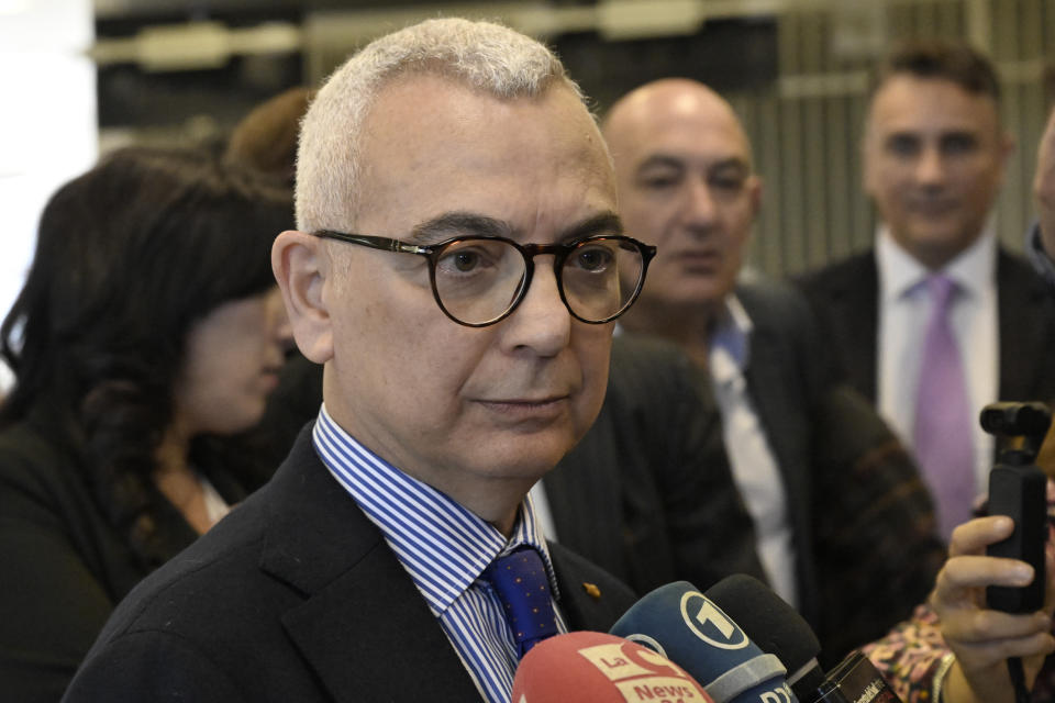 Vincenzo Capomolla, deputy prosecutor of Catanzaro, talks to reporters at the end of the reading of the verdicts of a maxi-trial of hundreds of people accused of membership in Italy's 'ndrangheta organized crime syndicate, one of the world's most powerful, extensive and wealthy drug-trafficking groups, in Lamezia Terme, southern Italy, Monday, Nov. 20, 2023. Verdicts are expected Monday for the trial that started almost three years ago in the southern Calabria region, where the mob organization was originally based. (AP Photo/Valeria Ferraro)