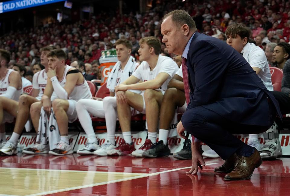Wisconsin head coach Greg Gard is shown during the first half of their game against Ohio State Tuesday, Feb. 13, 2024 at the Kohl Center in Madison, Wisconsin.