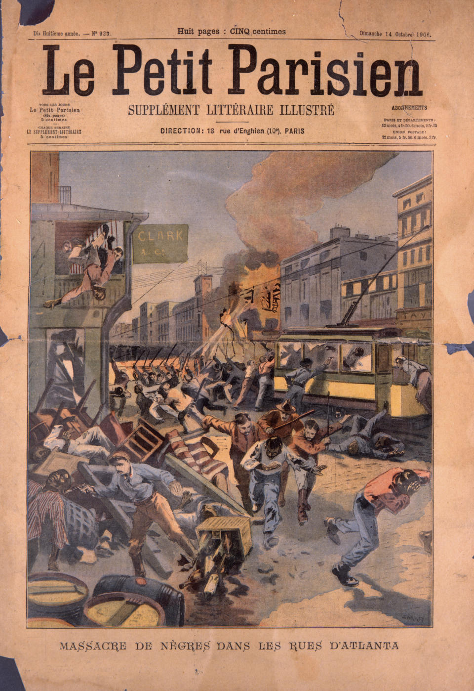 This photo provided by Kenan Research Center at the Atlanta History Center shows the cover of the French magazine, Le Petit Parisien, from Oct. 14, 1906, depicting a drawing titled "Massacre of Negroes through the Streets of Atlanta." (Kenan Research Center at the Atlanta History Center via AP)