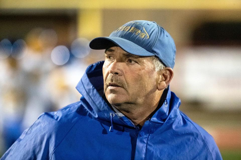 Sussex Central Golden Knights coach John Wells watches a play during the high school football game against the Smyrna Eagles at Smyrna, Friday, Sept. 30, 2022. Smyrna won 22-0.