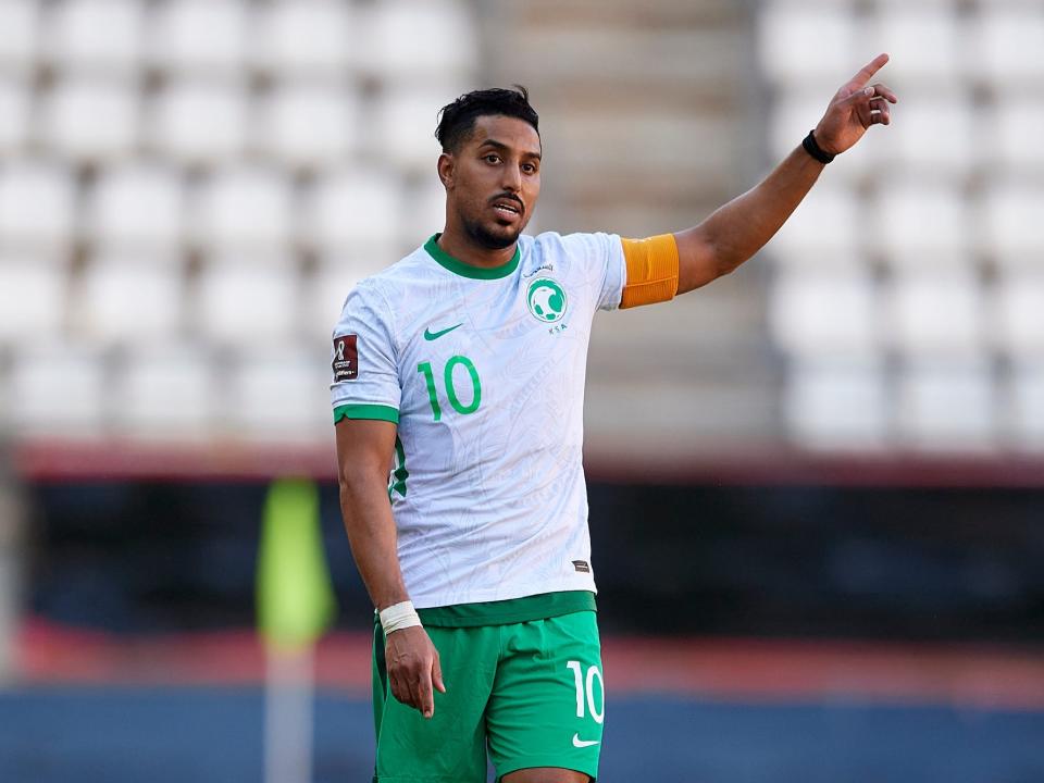 Salem Al-Dawsari of Saudi Arabia reacts during a soccer match.