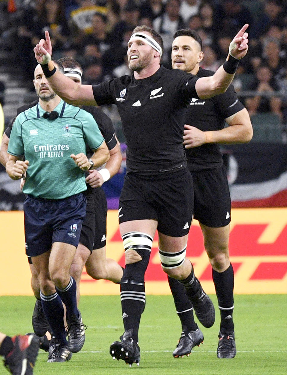 New Zealand's Kieran Read celebrates after his team's first try during the Rugby World Cup Pool B game at Oita Stadium between New Zealand and Canada in Oita, Japan, Wednesday, Oct. 2, 2019. (Keisuke Koito/Kyodo News via AP)