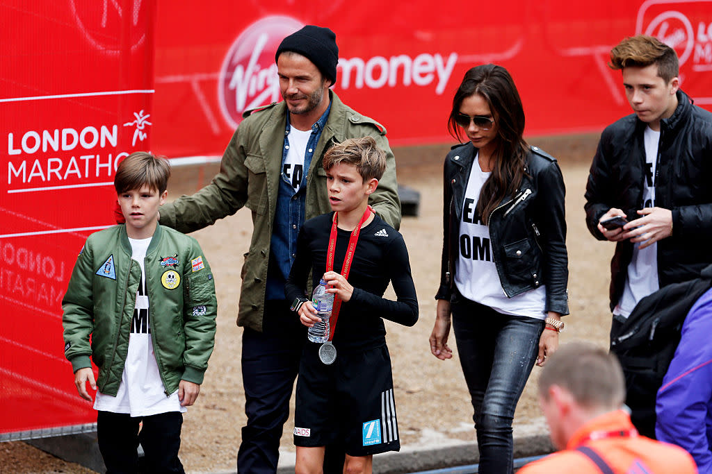 In April 2015, David and Victoria Beckham take their sons, from left, Cruz, Romeo and Brooklyn, to a marathon in London. (Steve Bardens/Getty Images)
