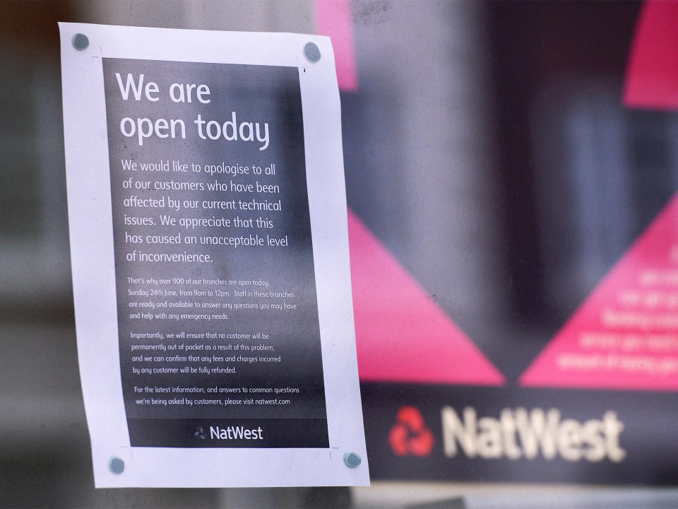 A sign in the window of a NatWest branch apologises to customers for technical issues – which have increasingly affected big banks' PR: Getty Images