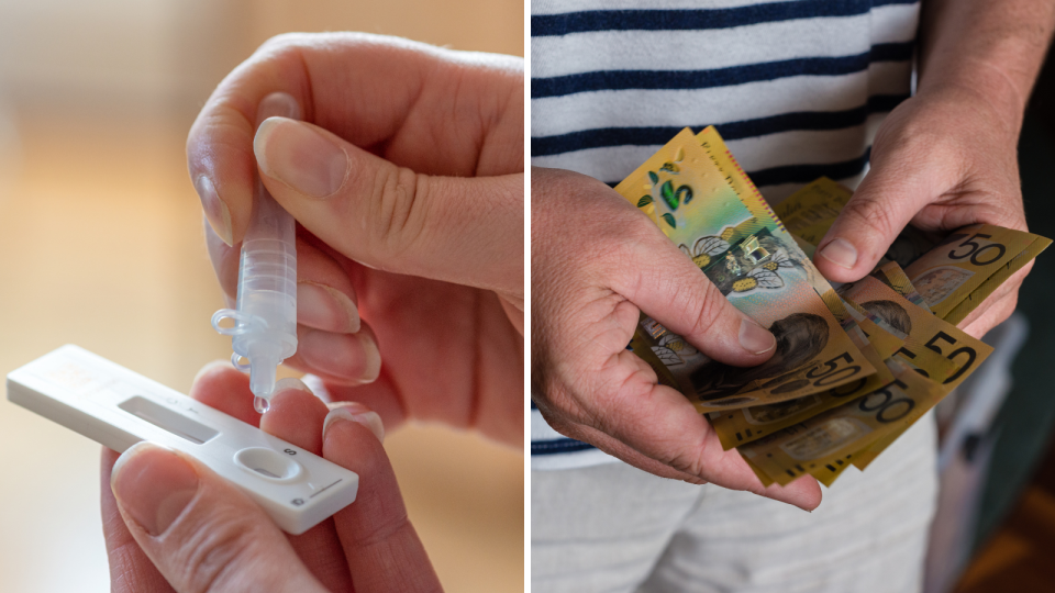 A COVID-19 rapid antigen test and a person holding $50 notes.