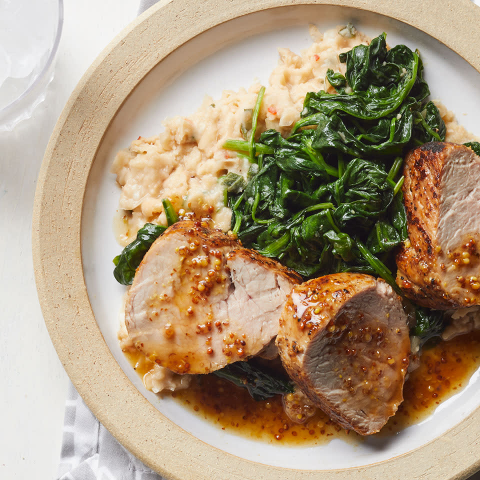 Honey-Mustard Pork with Spinach & Smashed White Beans