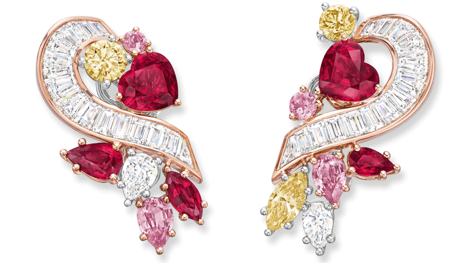 Harry Winston Diamond, Ruby and Pink Sapphire Promise Earrings - Credit: Harry Winston