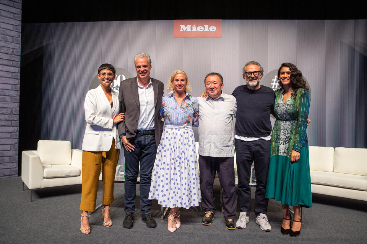 (From L to R): Host Anita Kapoor, Eric Ripert, Ana Ros, Tetsuya Wakuda, Massimo Bottura and Daniela Soto-Innes. (PHOTO: The World's 50 Best Restaurants)