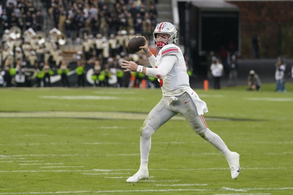 Ohio State quarterback Kyle McCord throws during the first half of an NCAA college football game against Purdue, Saturday, Oct. 14, 2023, in West Lafayette, Ind. (AP Photo/Darron Cummings)