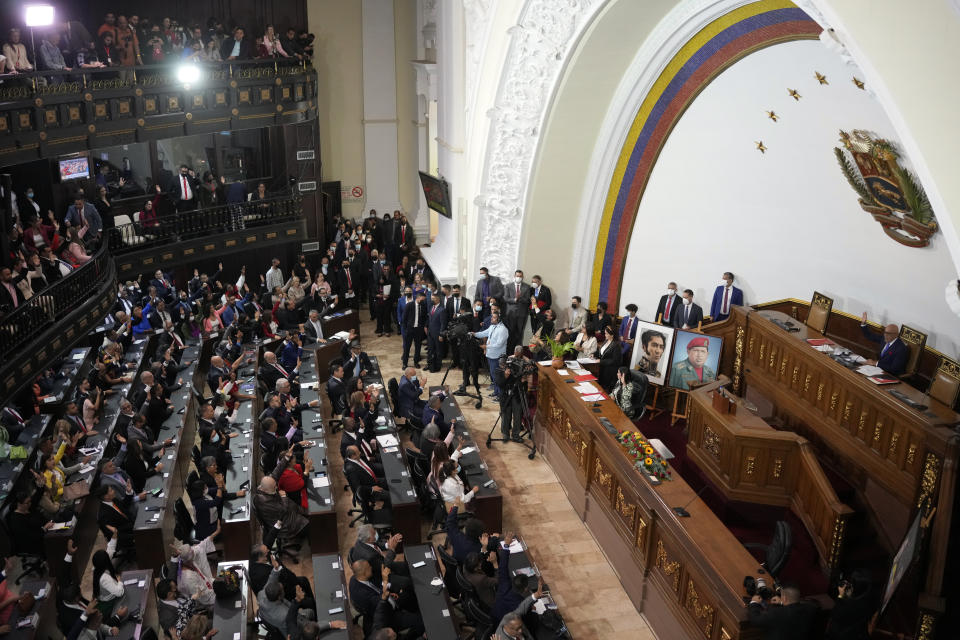 National Assembly President Jorge Rodriguez, right, leads the body's first session as lawmakers vote for candidates for leadership roles in Caracas, Venezuela, Thursday, Jan. 5, 2023. (AP Photo/Matias Delacroix)