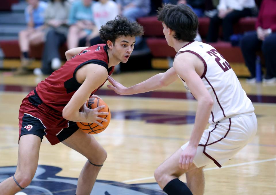 Owasso's Jalen Montonati looks to get by Edmond Memorial's Brady Hancuff during the high school boys basketball game between Edmond Memorial and Owasso at Edmond Memorial High School in Edmond, Okla., Tuesday, Jan. 30, 2024.