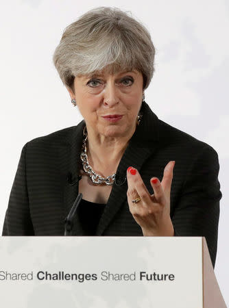 British Prime Minister Theresa May gestures as she delivers her speech in Florence, Italy, September 22, 2017. REUTERS/Alessandra Tarantino/Pool