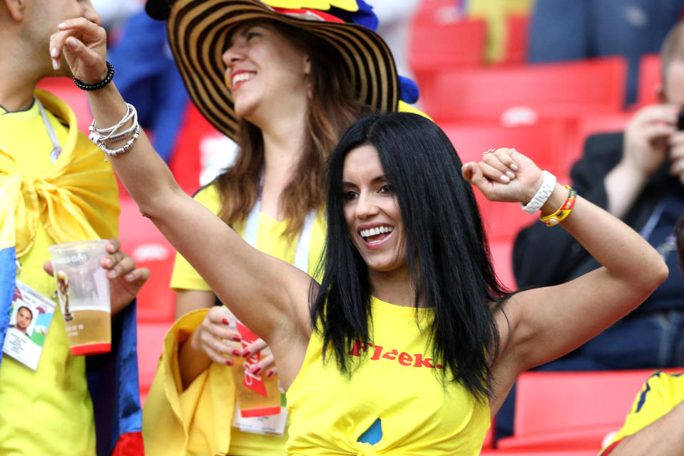 <p>A Colombia fan shows her support in the stands prior to the FIFA World Cup 2018, round of 16 match at the Spartak Stadium, Moscow. (Photo by Owen Humphreys/PA Images via Getty Images) </p>