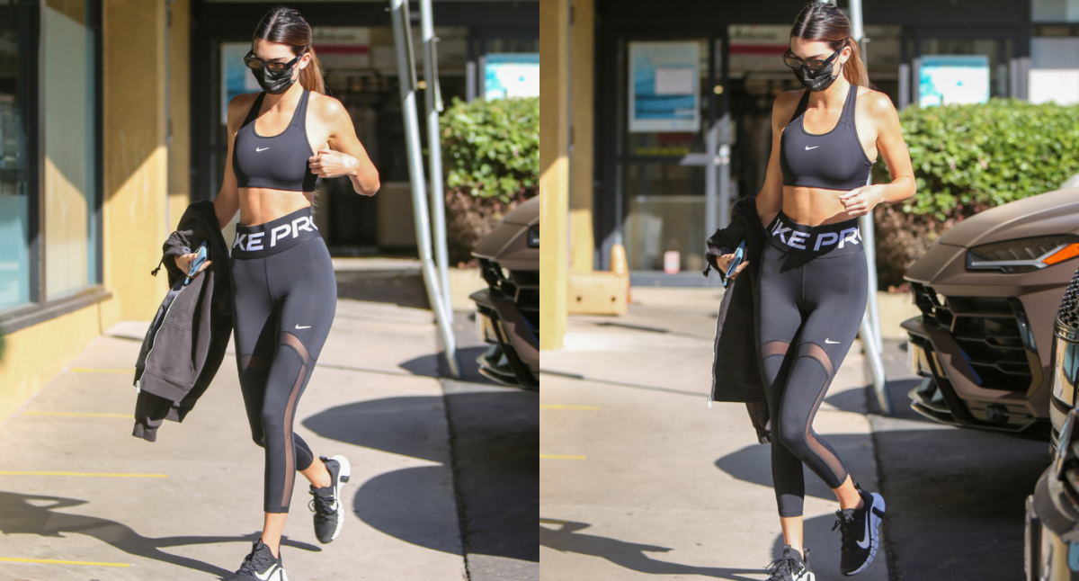 Kendall Jenner Shows Off Abs in Green Sports Bra and Leggings