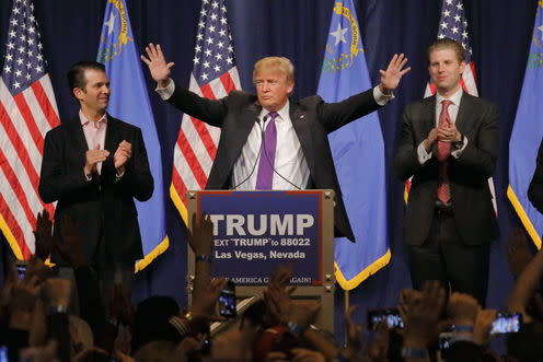 <span class="caption">Donald Trump's sons are at the ready.</span> <span class="attribution"><a class="link " href="http://www.shutterstock.com/pic-386610478/stock-photo-las-vegas-nv-february-23-2016-donald-trump-is-flanked-by-sons-eric-right-and-donald-jr-left-during-mr-trumps-victory-speech-after-nevada-caucus-las-vegas-nv-at-treasure-islan.html?src=hSNzfW5w-BB0GQ6X4Ym9nw-1-47" rel="nofollow noopener" target="_blank" data-ylk="slk:Joseph Sohm / Shutterstock.com;elm:context_link;itc:0;sec:content-canvas">Joseph Sohm / Shutterstock.com</a></span>