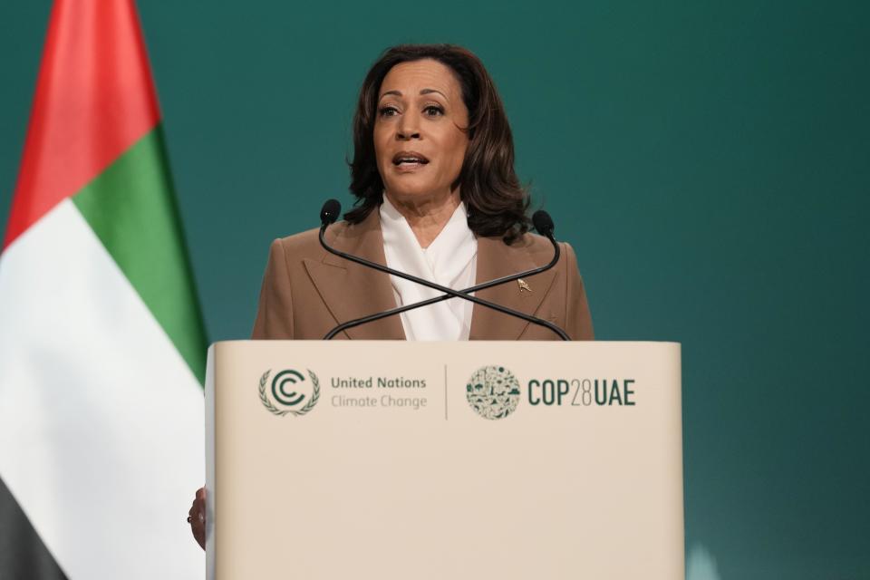 Vice President Kamala Harris speaks during a plenary session at the COP28 U.N. Climate Summit, Saturday, Dec. 2, 2023, in Dubai, United Arab Emirates. (AP Photo/Kamran Jebreili)