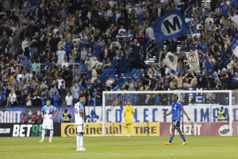 Minnesota United midfielder Emanuel Reynoso (10) reacts after his side conceded their fourth goal to CF Montreal during second-half MLS soccer match action in Montreal, Saturday, June 10, 2023. (Evan Buhler/The Canadian Press via AP)