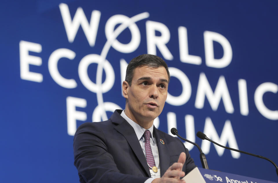 Spanish Prime Minister Pedro Sanchez delivers a speech at the World Economic Forum in Davos, Switzerland, Wednesday, Jan. 22, 2020. The 50th annual meeting of the forum is taking place in Davos from Jan. 21 until Jan. 24, 2020. (AP Photo/Markus Schreiber)