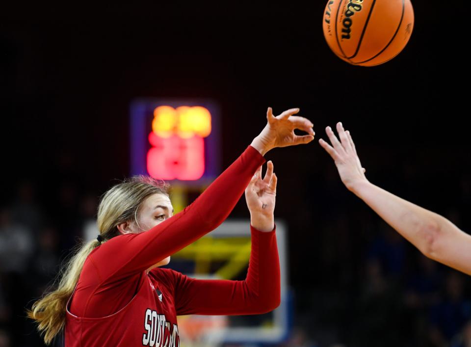 South Dakota’s Alexi Hempe shoots the ball in a rivalry matchup against South Dakota State on Saturday, January 14, 2023, at Frost Arena in Brookings.