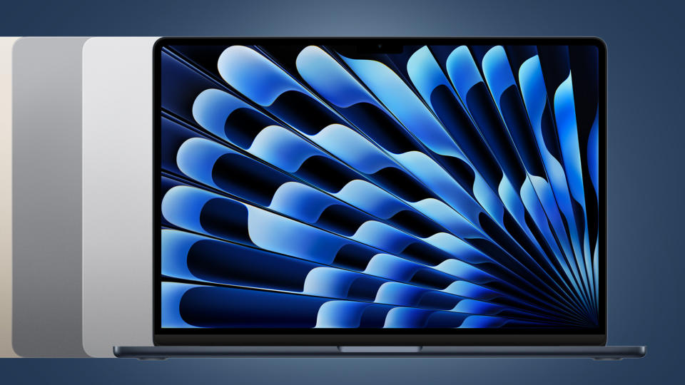 Several MacBook Air 15-inch laptops on a blue background