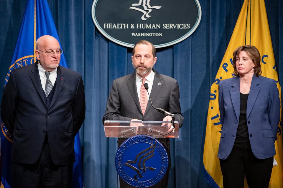 WASHINGTON, DC - JANUARY 28: Health and Human Services Secretary Alex Azar speaks during a press conference on the coordinated public health response to the 2019 coronavirus (2019-nCoV) on January 28, 2020 in Washington, DC. The virus, which originated in Wuhan, China, has infected 4,500 people and killed at least 109, mostly in China. Currently 110 people are being evaluated in the United States for infection, with five confirmed cases. With Secretary Alex Azar is (from left to right) Centers for Disease Control and Prevention Director Robert Redfield, and National Center for Immunization and Respiratory Diseases Director Nancy Messonnier. (Photo by Samuel Corum/Getty Images)