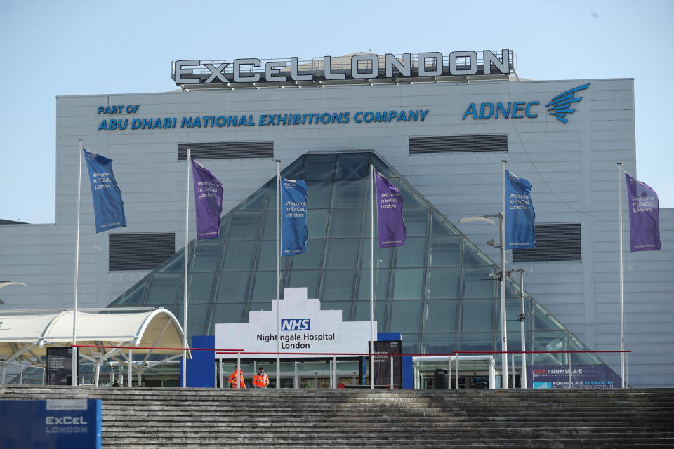 Activity outside the ExCel centre in London which is being made into a temporary hospital - the NHS Nightingale hospital, comprising of two wards, each of 2,000 people, to help tackle coronavirus.