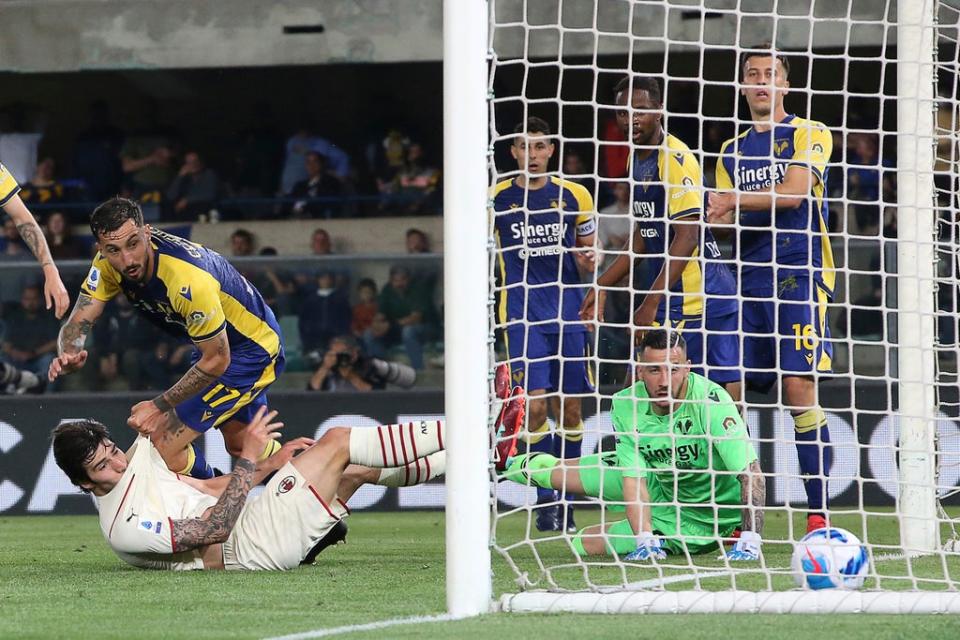 Sandro Tonal, bottom left, scores AC Milan’s equaliser in their 3-1 win at Verona (Paola Garbuio/AP) (AP)