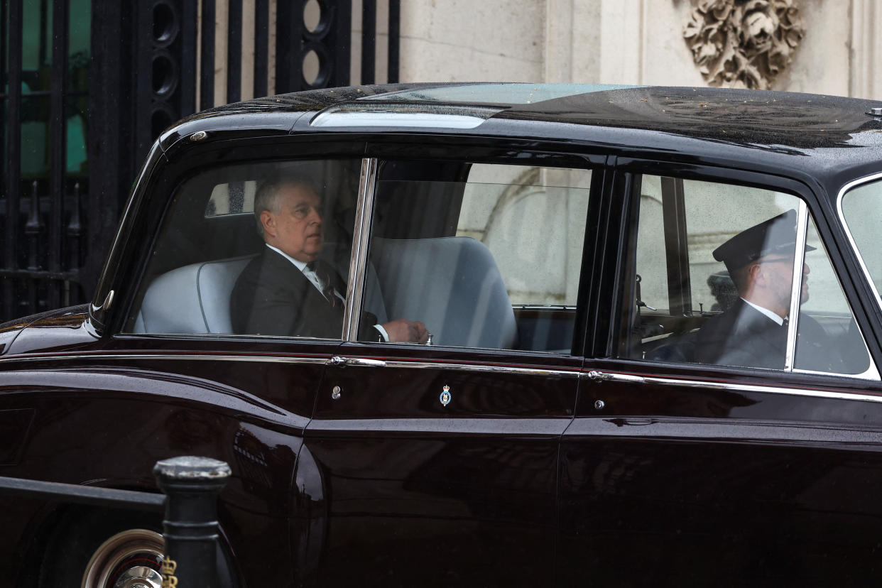 Britain's Prince Andrew leaves Buckingham Palace on the day of Britain's King Charles' coronation ceremony, in London, Britain May 6, 2023. REUTERS/Hannah McKay